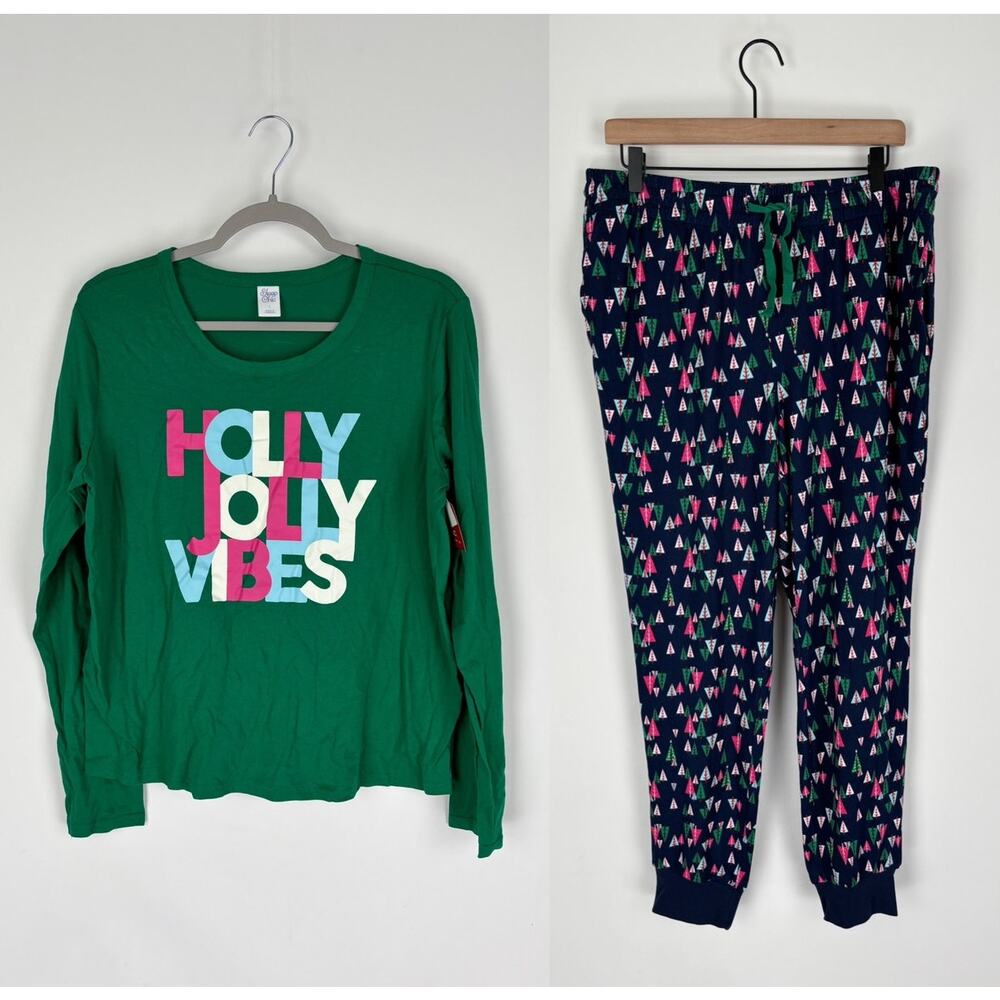 Sleep Chic Holly Jolly Vibes Long Sleeve Pajama Set Womens Size Large Christmas